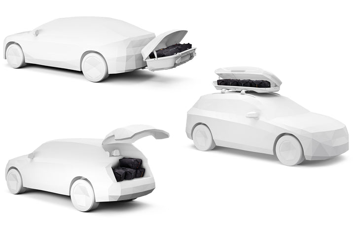 An image showing the Thule GoPack Duffel Set, in a roof box, a towbar cargo box, and in a car boot.