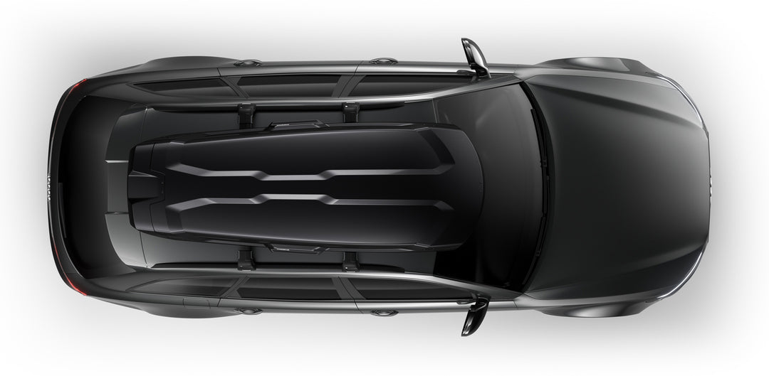 Top down view of the Thule Vector roof box mounted onto a car