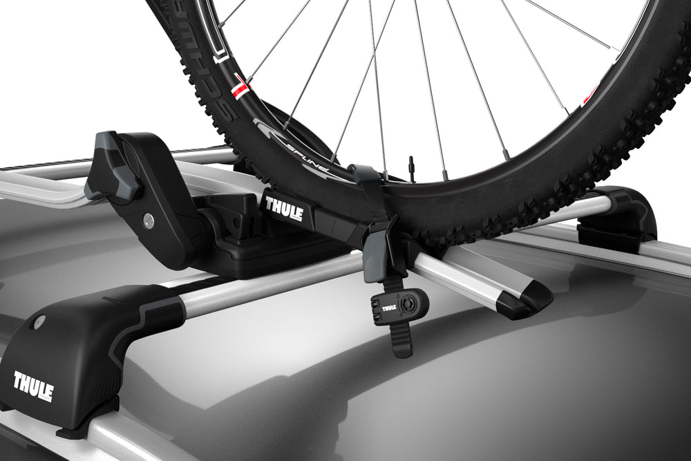 An example of the Thule Wheel Strap Locks fitted to the Thule ProRide bike rack