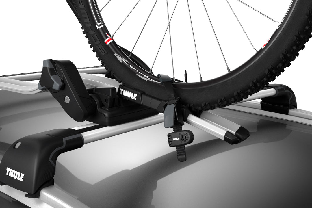 An example of the Thule Wheel Strap Locks fitted to the Thule ProRide bike rack