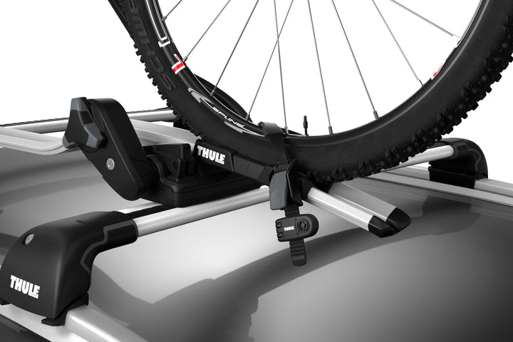 An example of the Thule Wheel Strap Locks fitted to the Thule ProRide bike rack